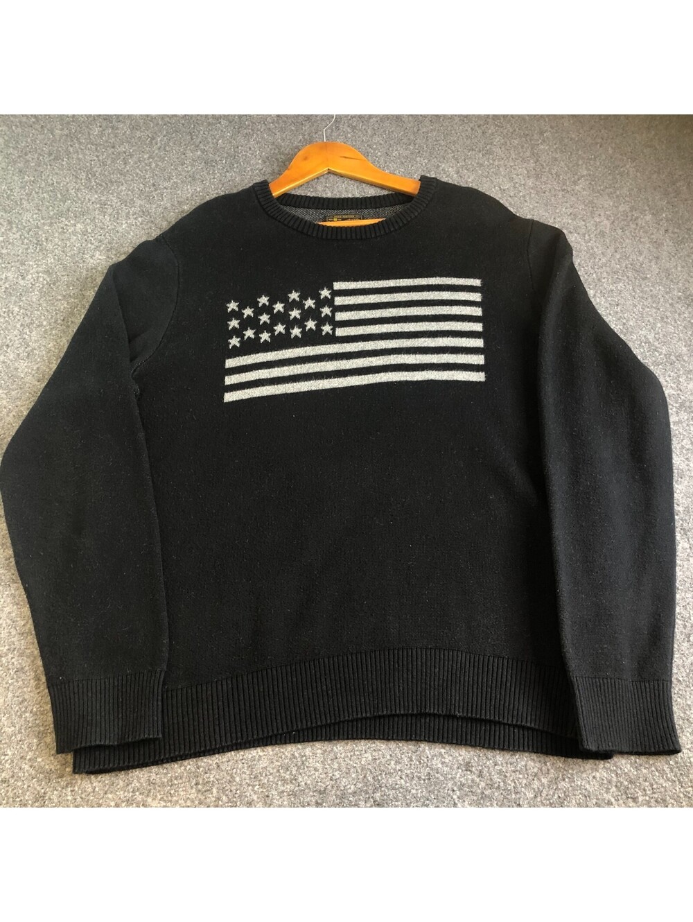 Lucky Brand Sweatshirt Mens XL Black American Flag Print Ribbed 100% Cotton